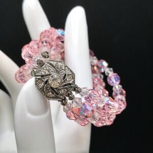 Vintage 1950s Pink Crystal 3 Strand Bracelet Rhinestone Box Clasp